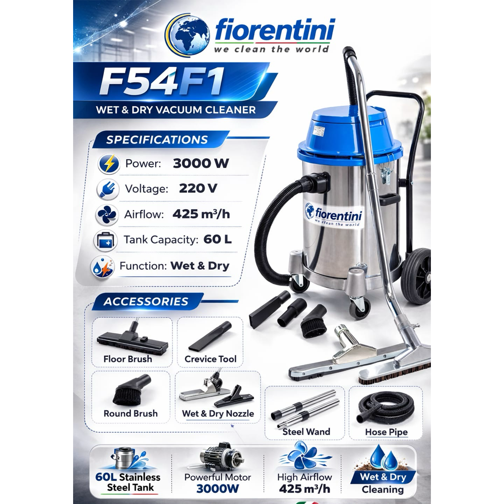 Fiorentini UltraClean F54F1 – 3000W Wet & Dry Vacuum Cleaner